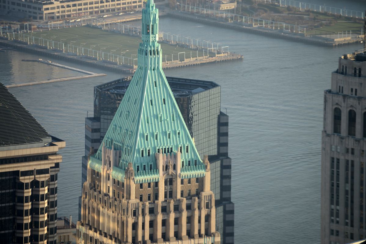 33 40 Wall St Trump Building Green Pyramid-Shaped Crown And Gothic Spire From One World Trade Center Observatory Late Afternoon